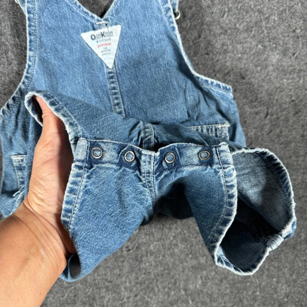 OshKosh B'Gosh Vintage Blue Denim Shortalls Vestbak Baby Size LG 100% Cotton